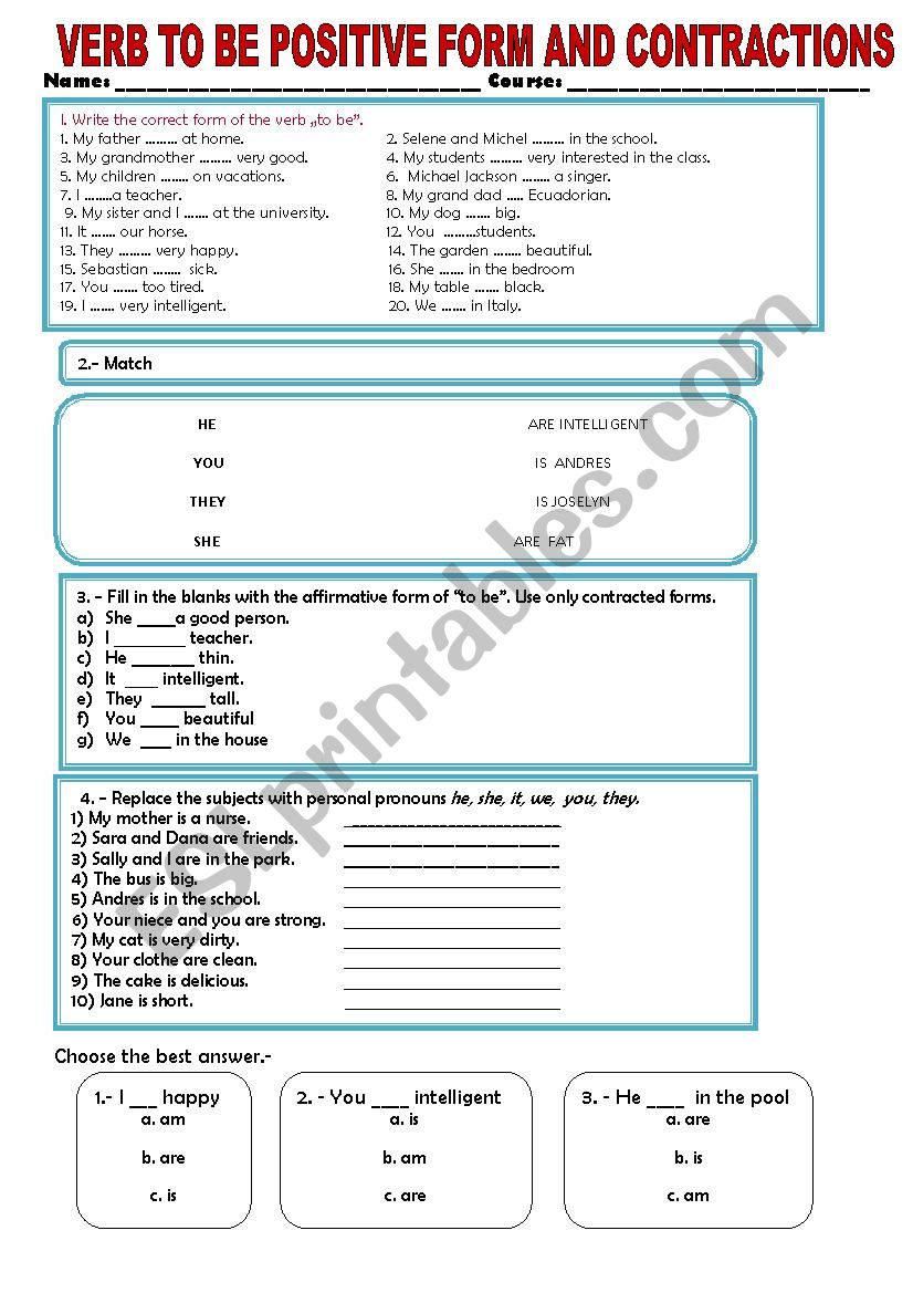 verb to be positive form  worksheet