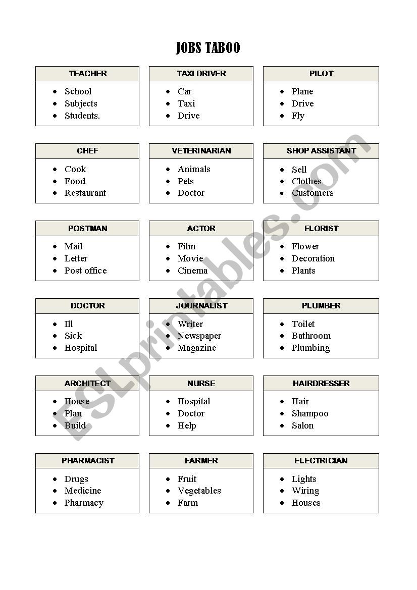 JOBS TABOO worksheet