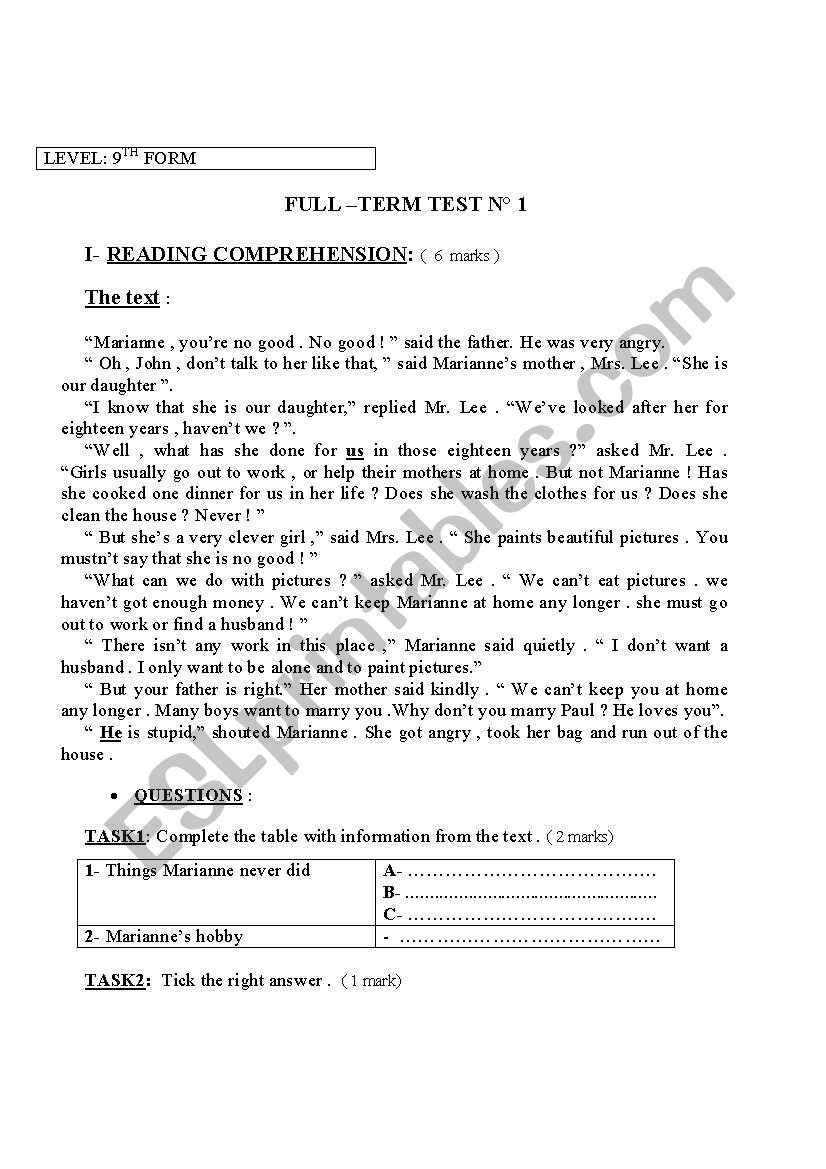 9th form end term test 1 worksheet