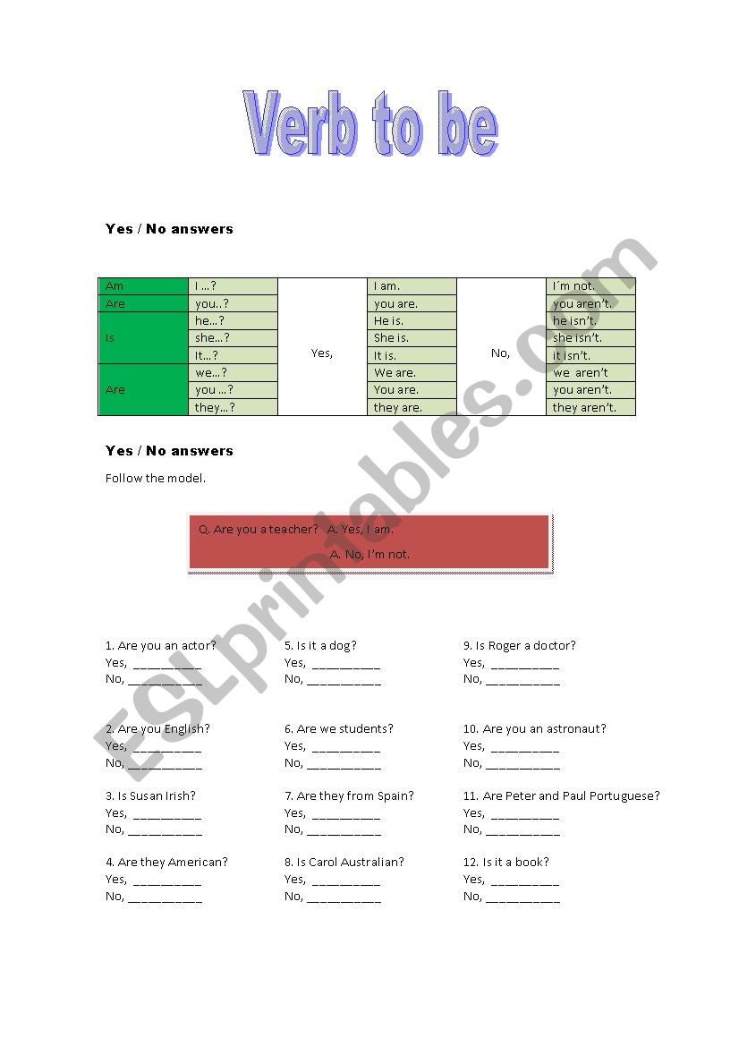 Verb to be  worksheet