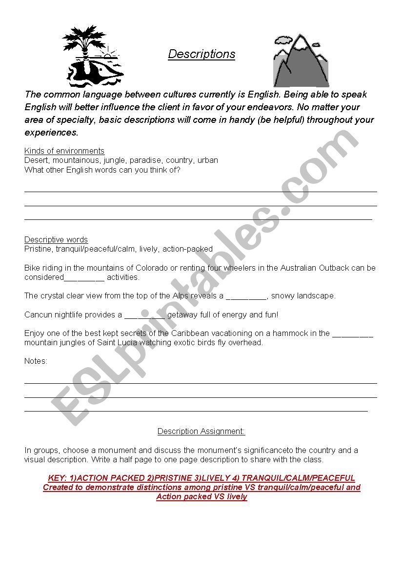 Tourism Descriptions worksheet