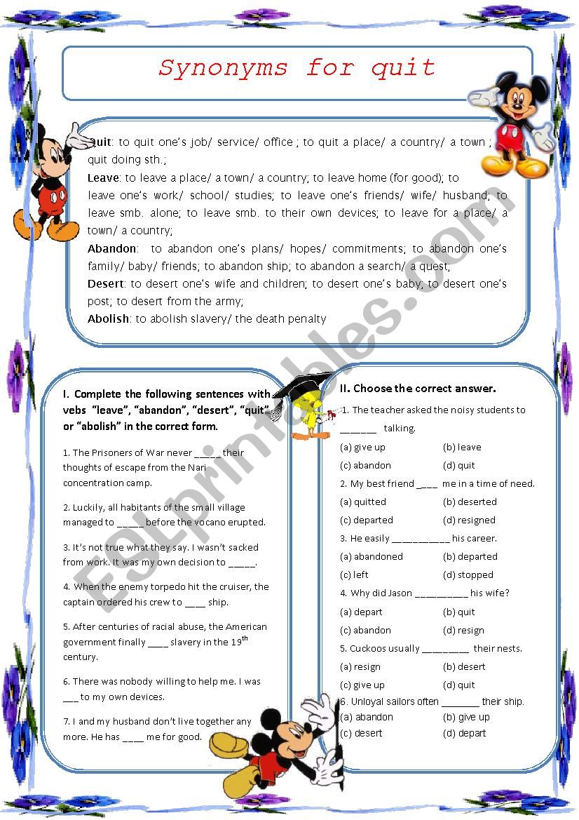 Synonyms for Quit worksheet