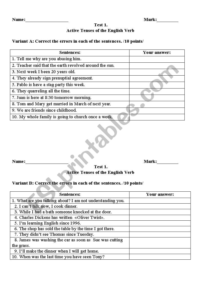 Active Tenses of the English Verb