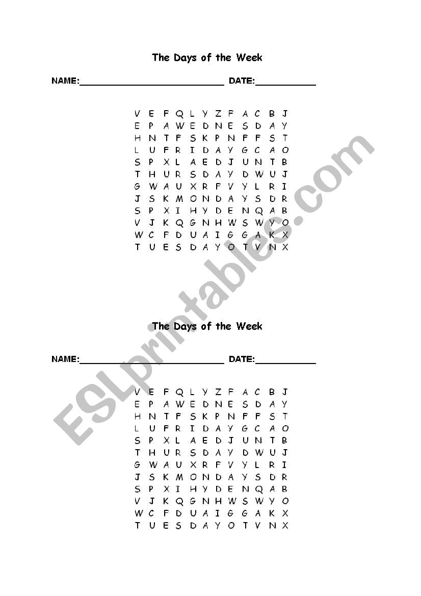 Days of the Week Word Search worksheet