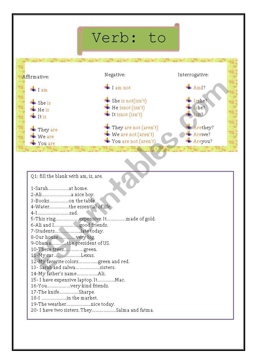 verb to be worksheet