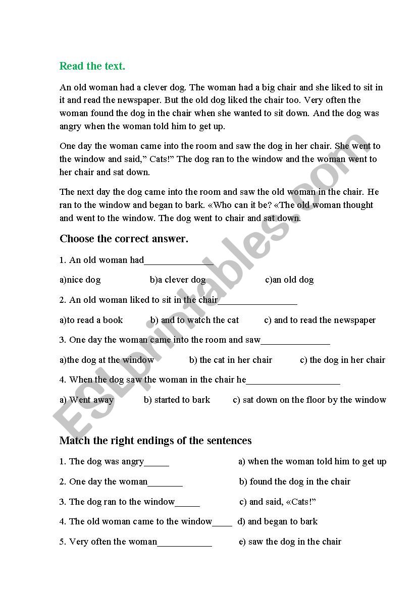 a clever dog text  worksheet