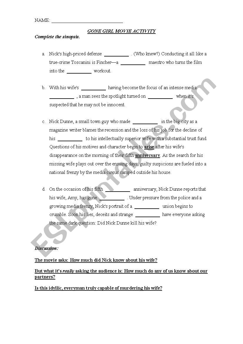 GONE GIRL MOVIE worksheet