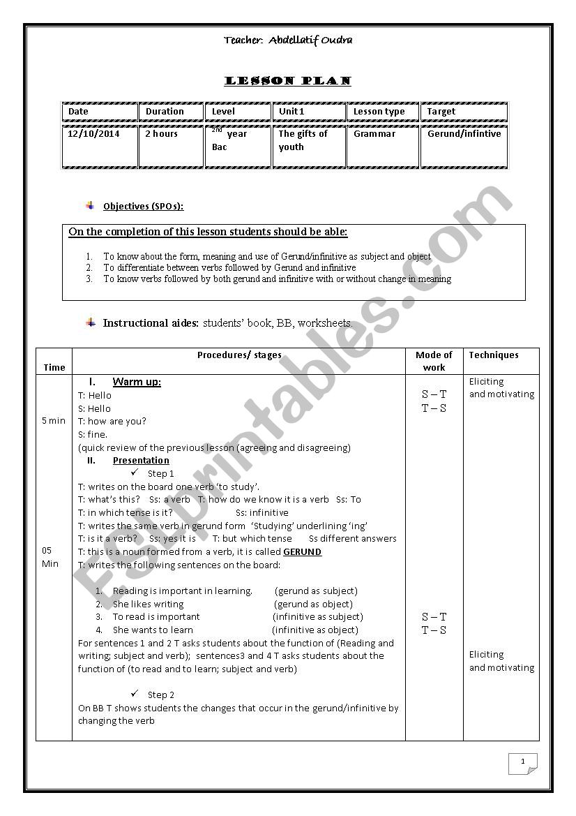 Gerund and infinitive worksheet