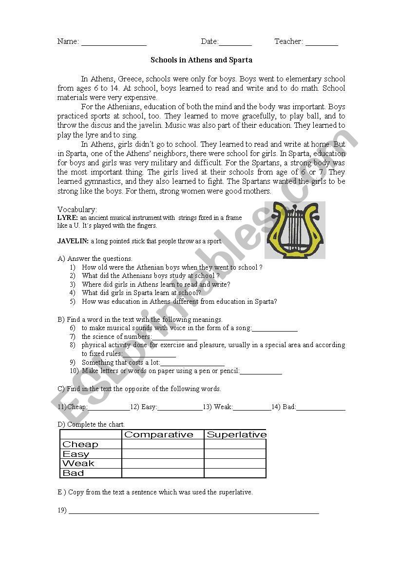 Schools in Athens and Sparta worksheet