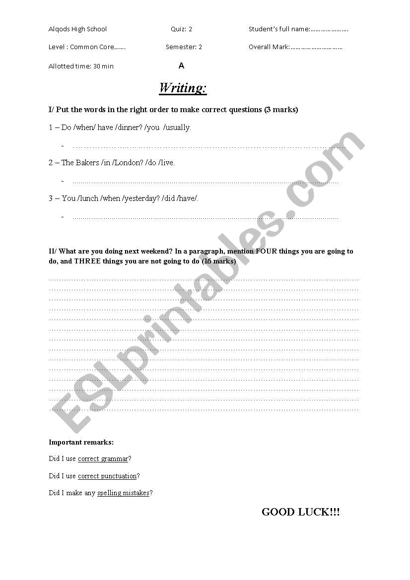 Writing Test worksheet