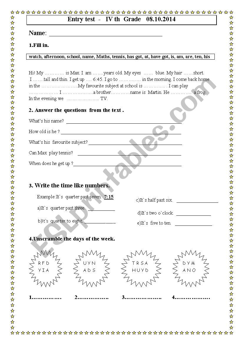 Entry test  - second year  worksheet