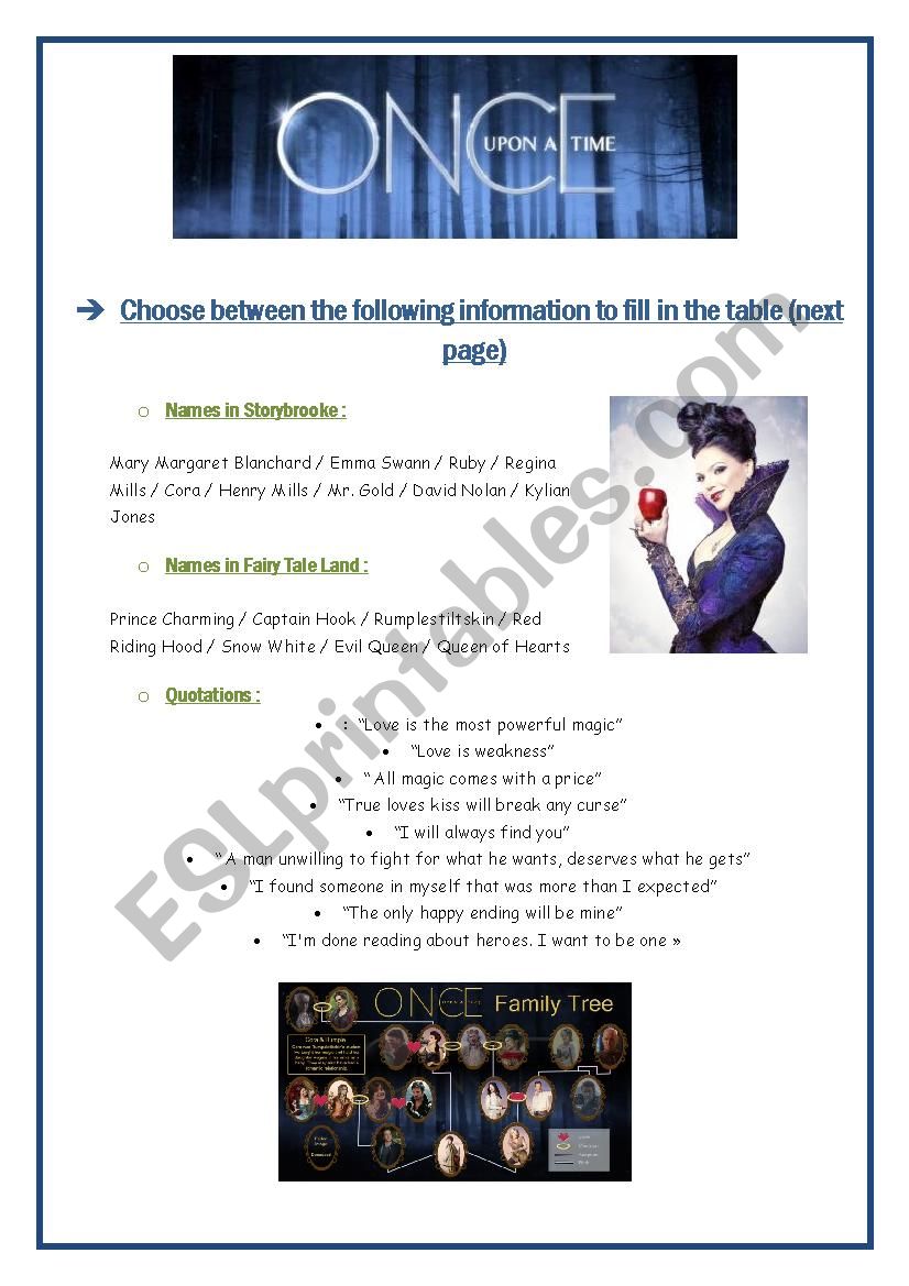 Once Upon a Time serie worksheet