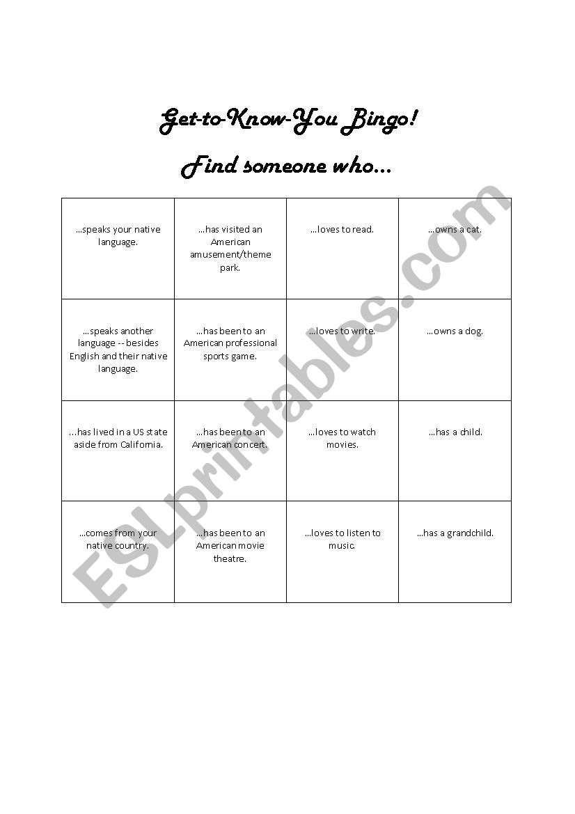 Get To Know You Bingo worksheet