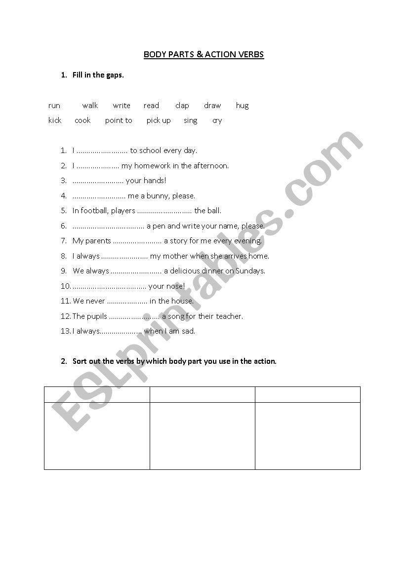 action verbs+body parts worksheet