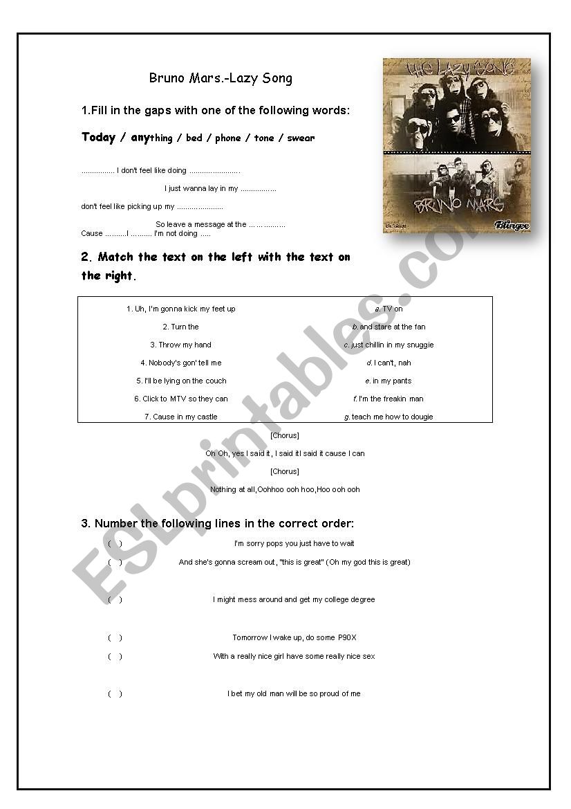 Bruno Mars The Lazy Song worksheet