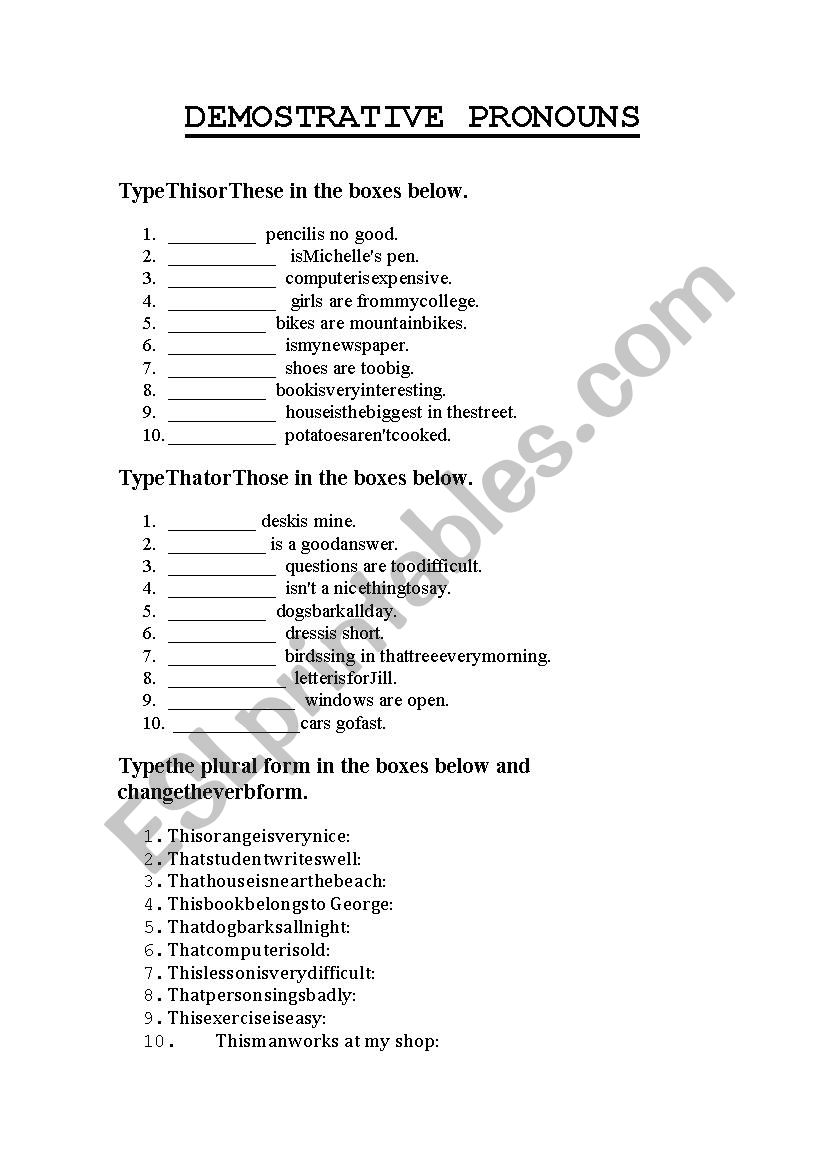 Demostrative pronouns worksheet