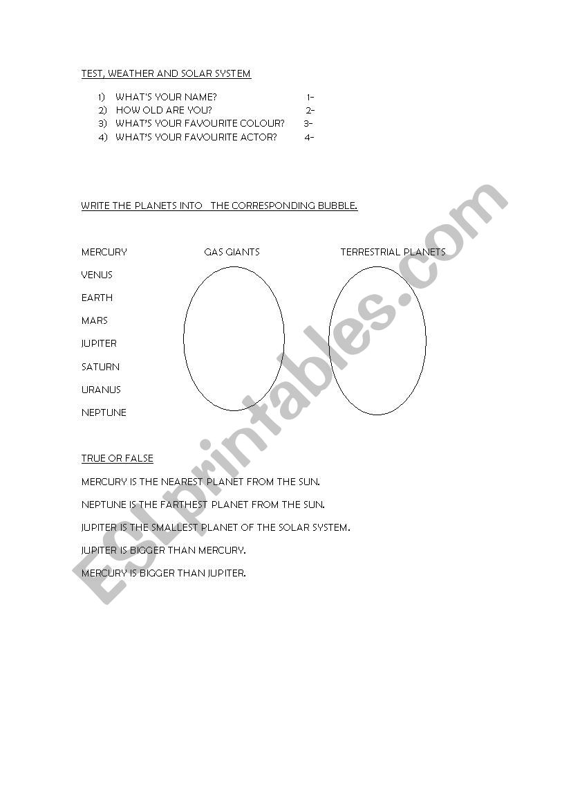 WEATHER AND SOLAR SYSTEM worksheet