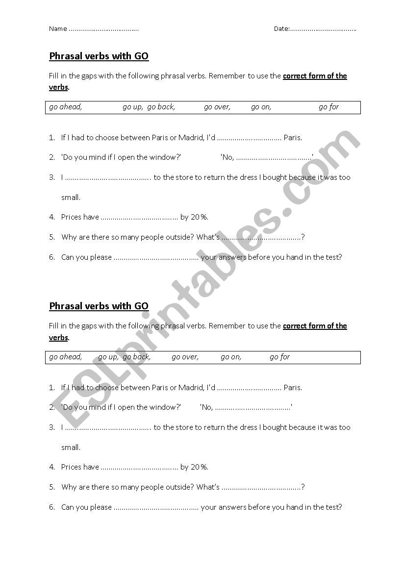 Phrasal verbs with GO - fill in the gaps with Key