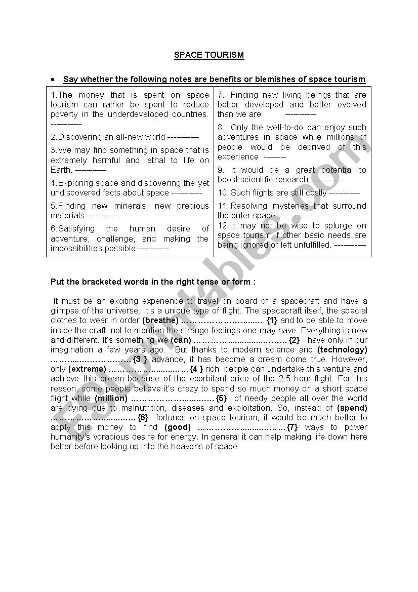 Space Tourism worksheet