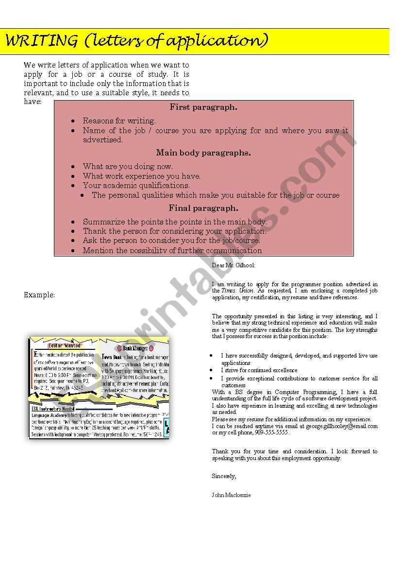 Letters of application worksheet