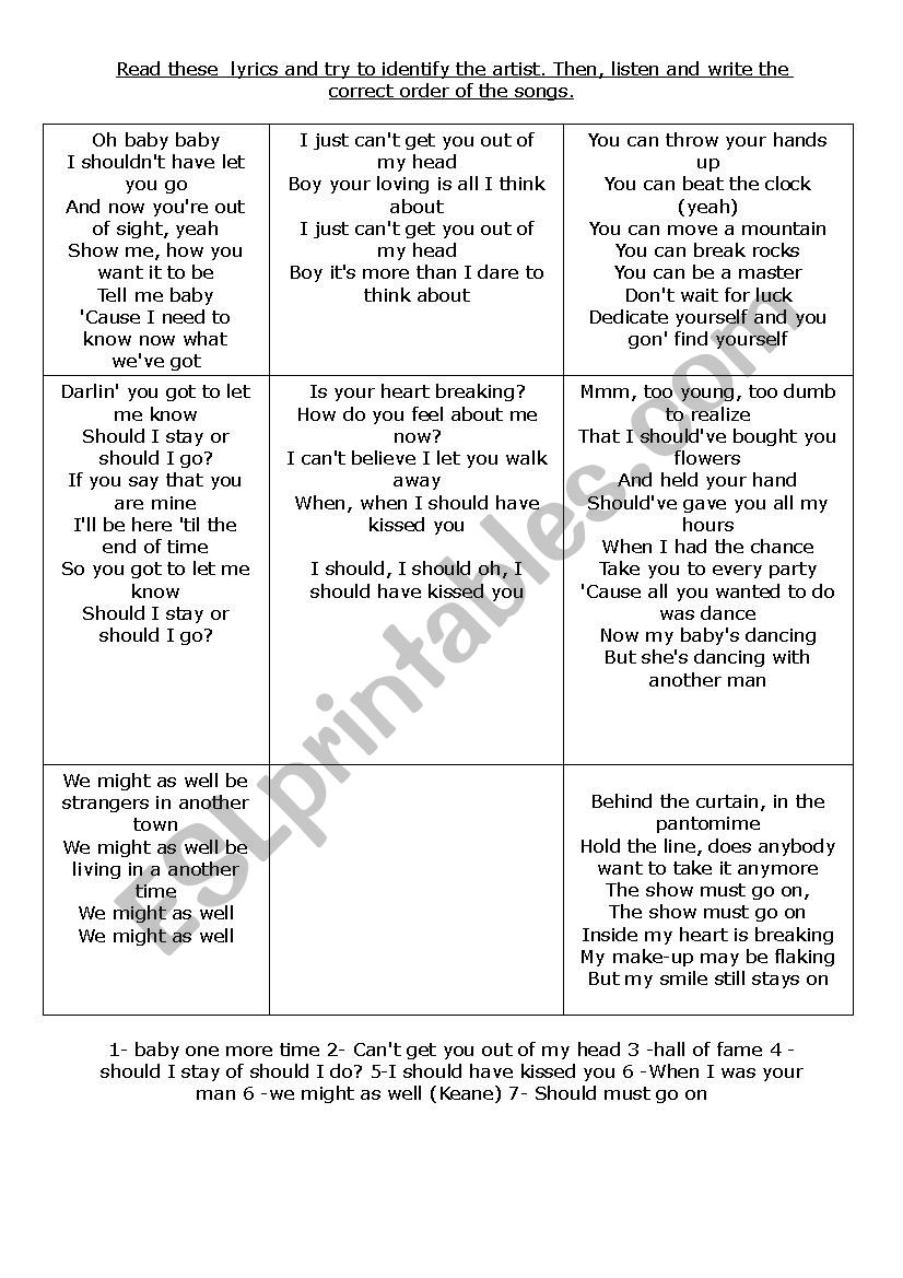 Songs to practise modal verbs worksheet