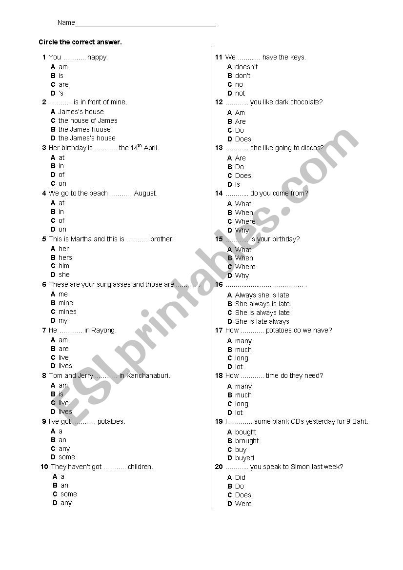 Grammar worksheet