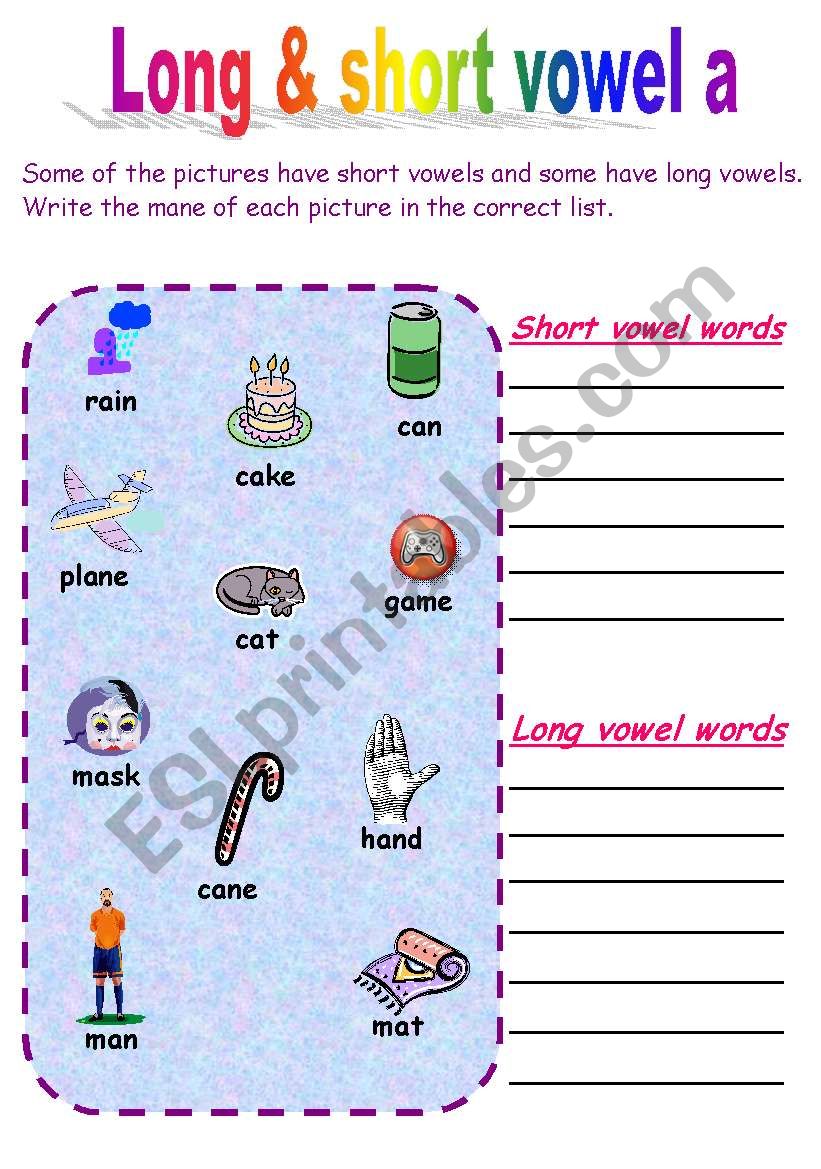 Short & long vowel a worksheet