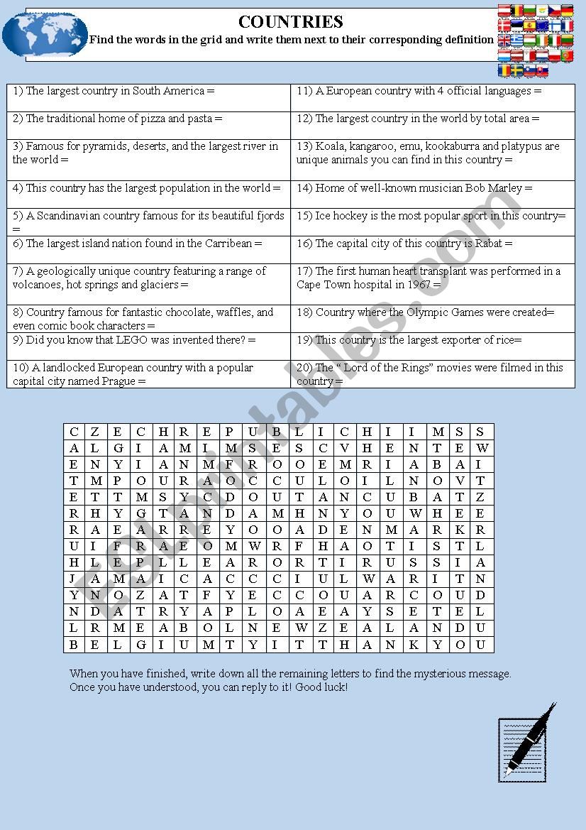 Countries through definitions worksheet
