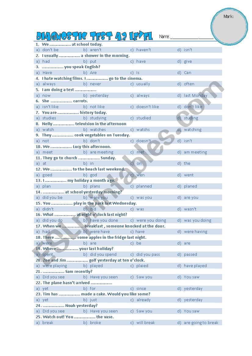 Diagnostical A2 test worksheet