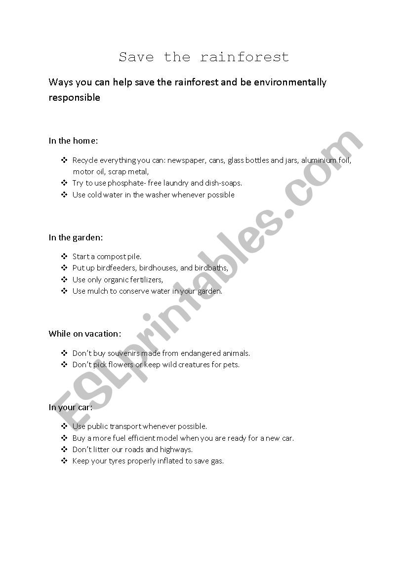 Save the rainforest worksheet