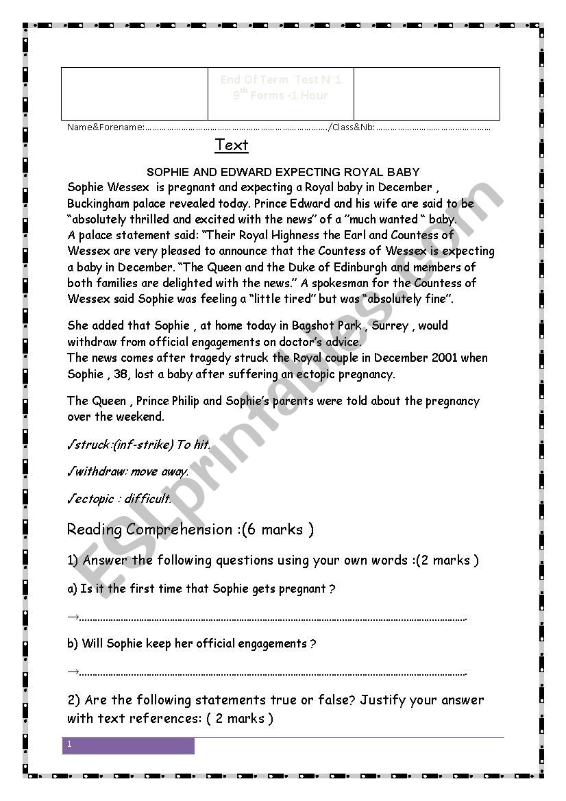 end of term test 1 for 9th worksheet