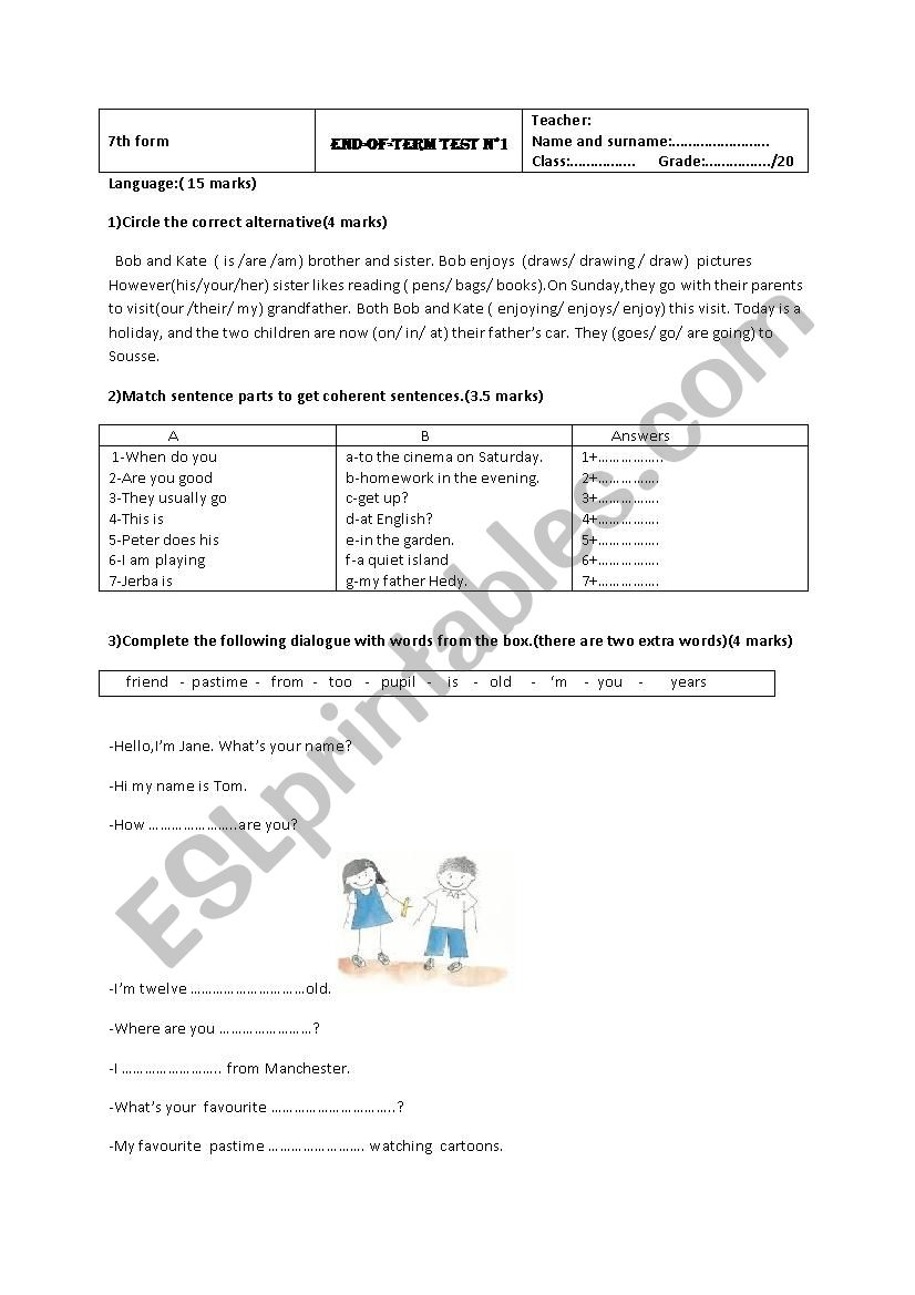 end of term test 1 for 7th  worksheet