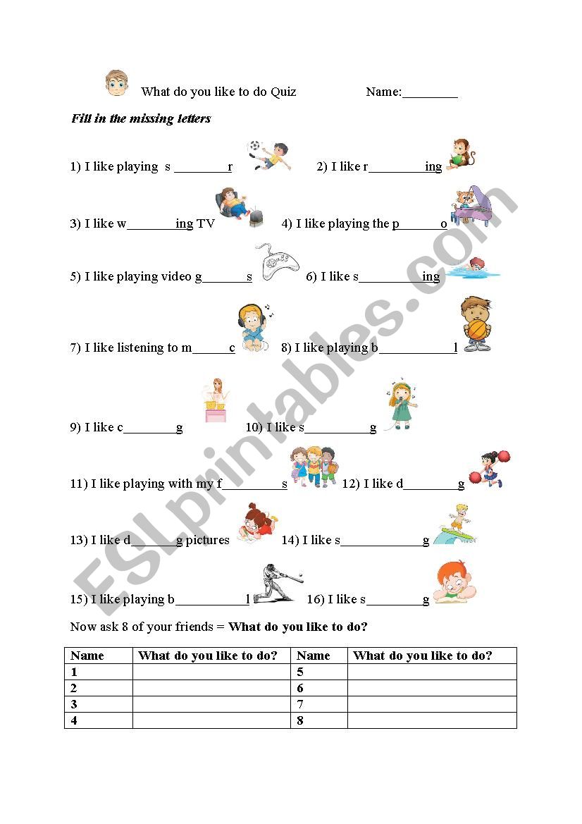 What do you like to do? worksheet