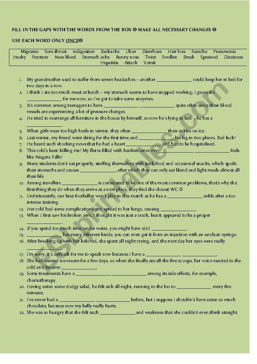 Diseases worksheet