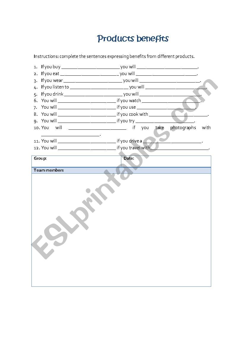 Products benefits worksheet