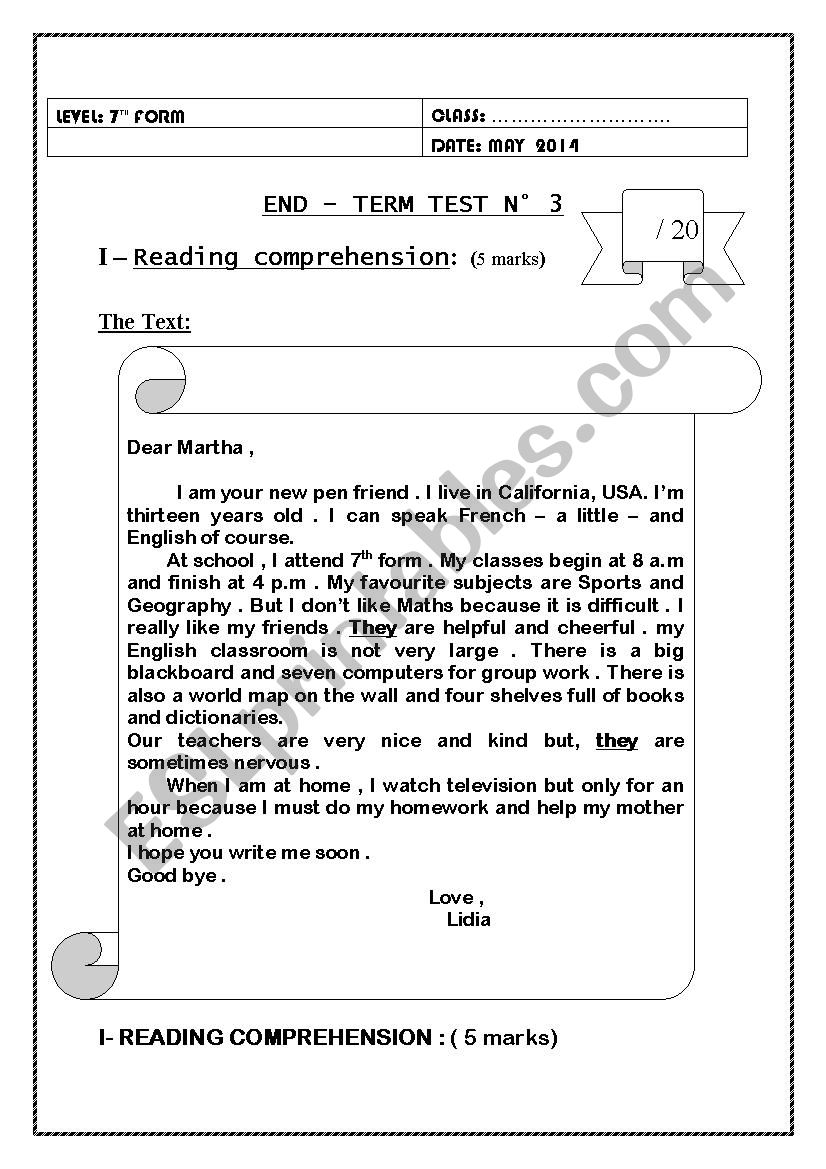 7th form end term test  3 worksheet