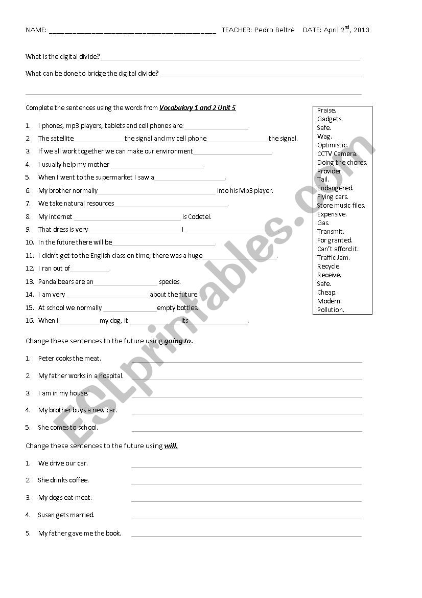 Future and Vocabulary worksheet