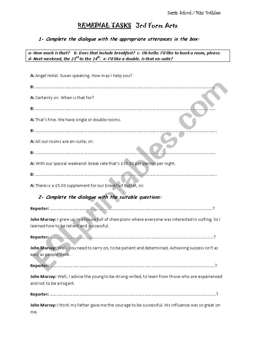 3rd level arts remedial tasks worksheet