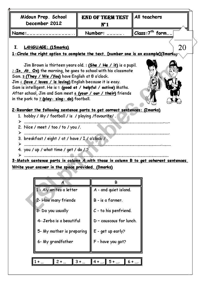 7th form End of term test number one