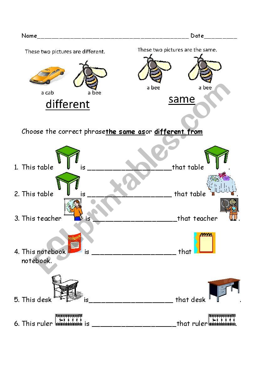 Same or Different Compare worksheet