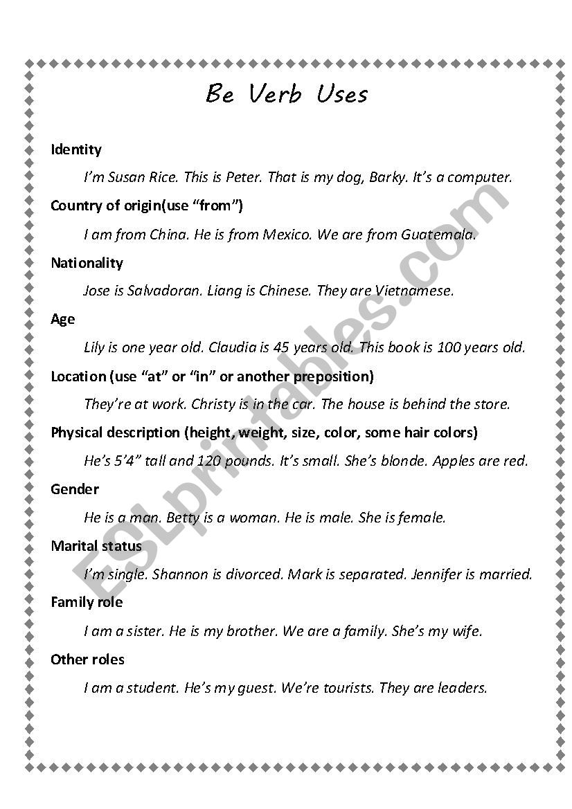 Uses for the Be Verb worksheet