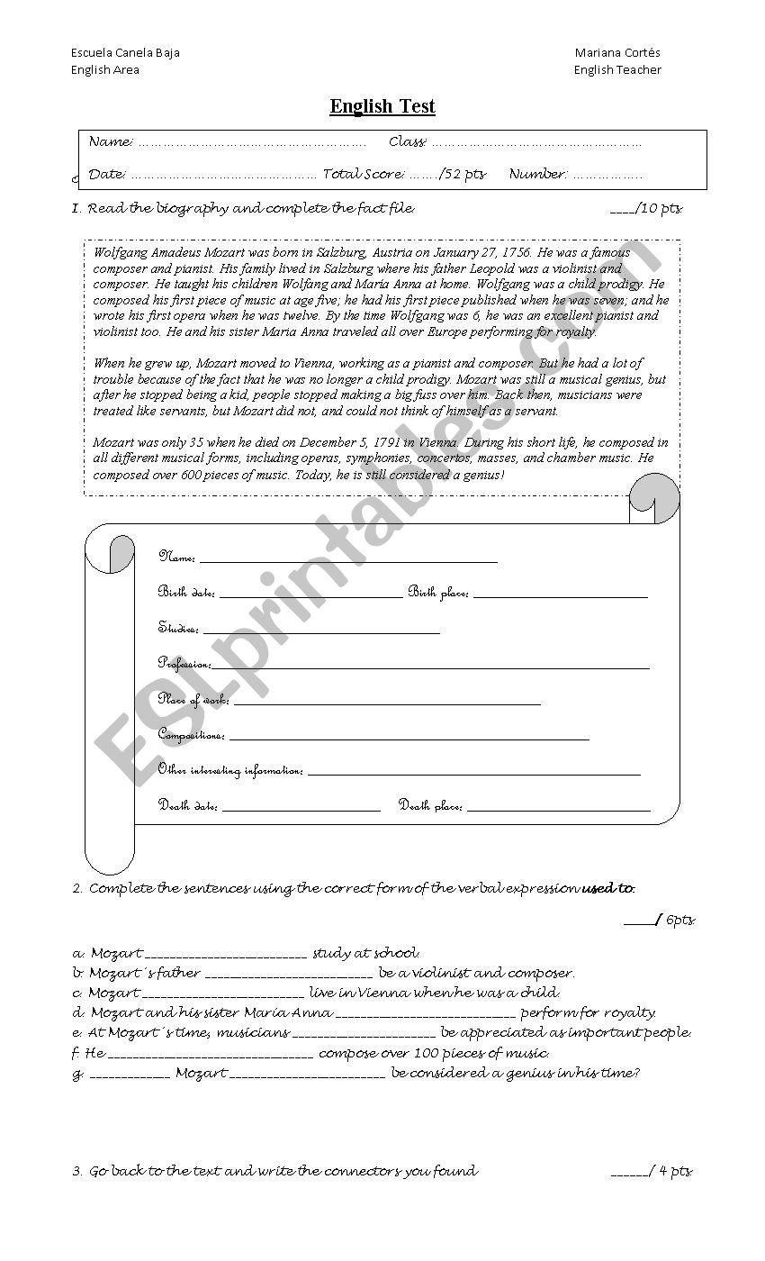 Mozarts biography worksheet