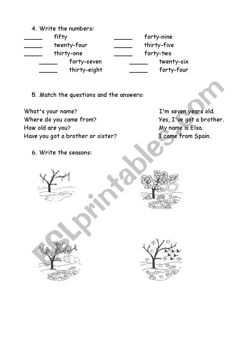 numbers up to 50 and seasons worksheet