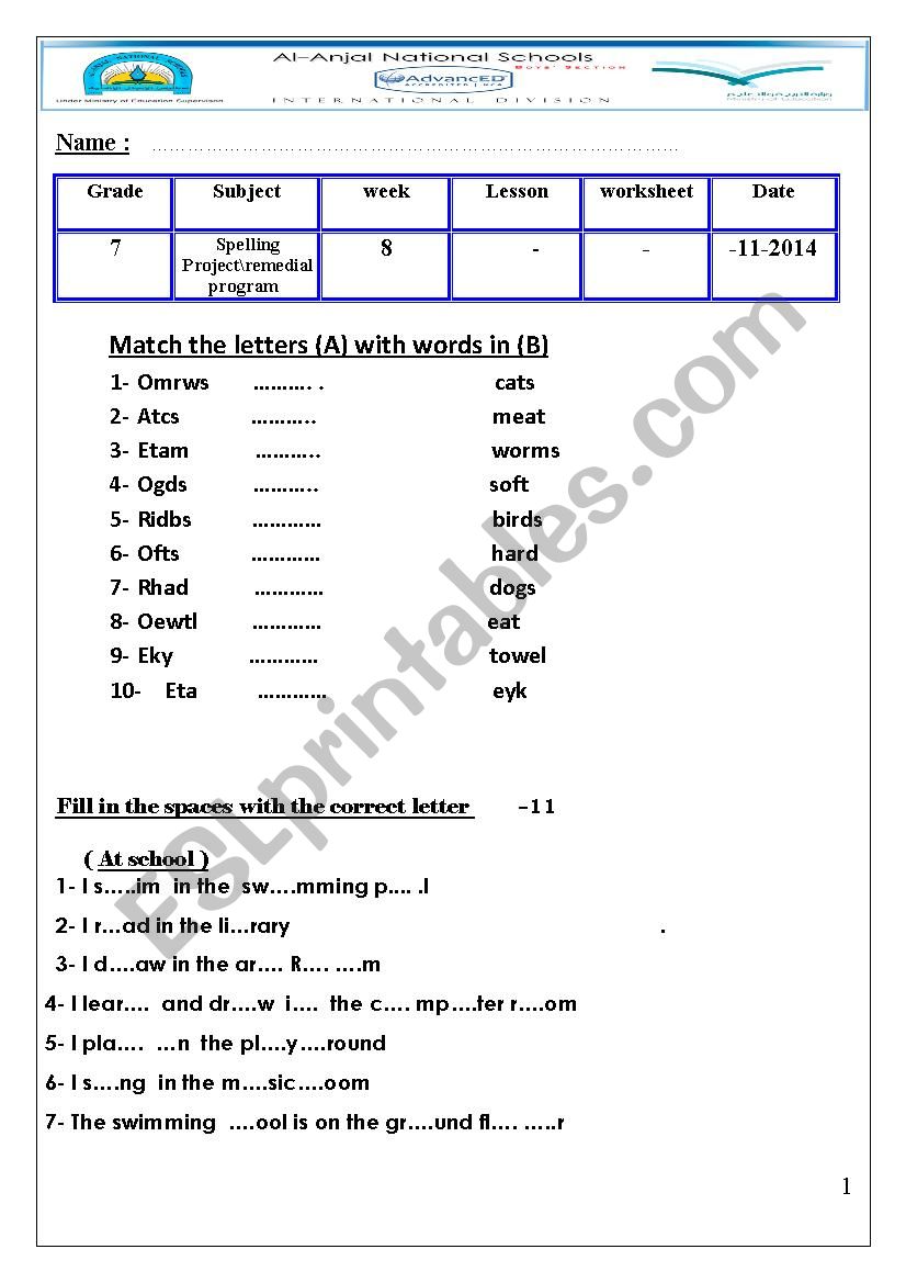spelling remedial program  worksheet