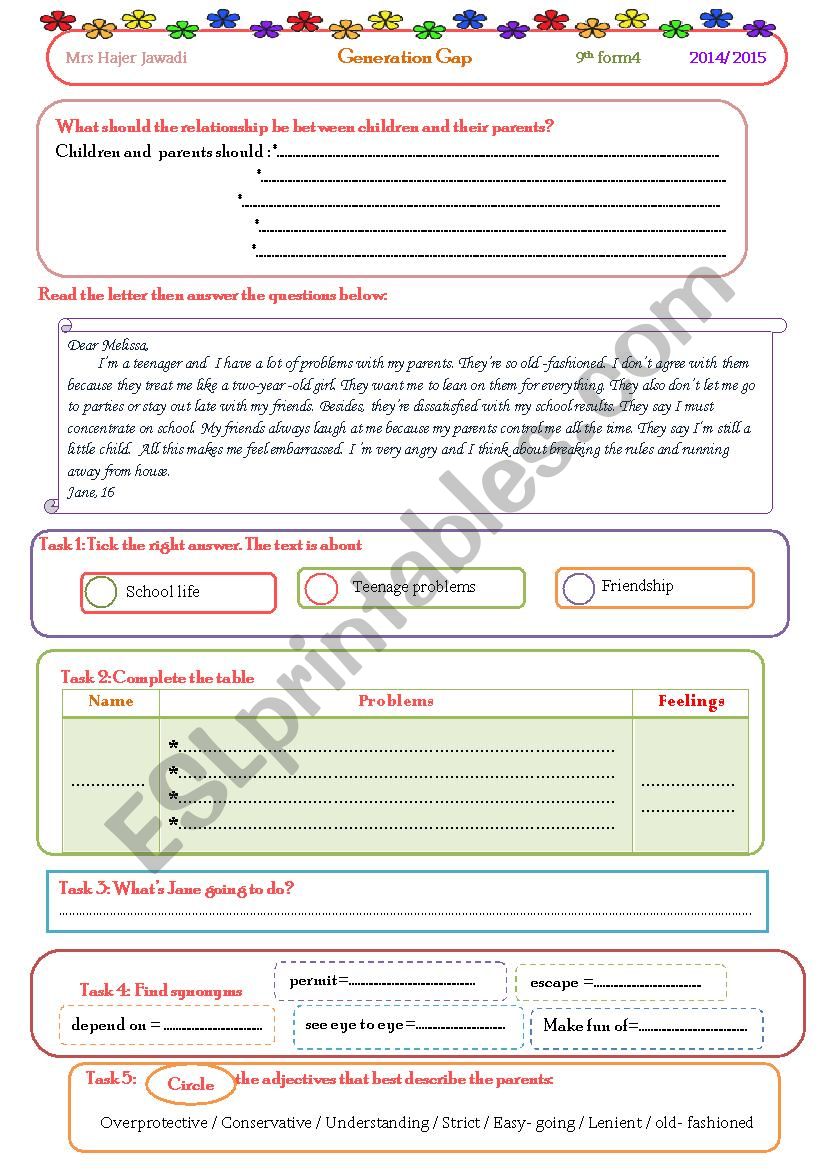 genration gap worksheet