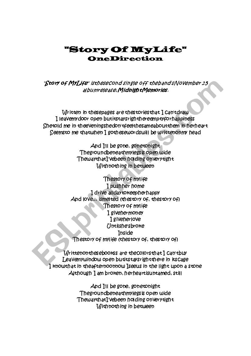 Song: Story of my life worksheet