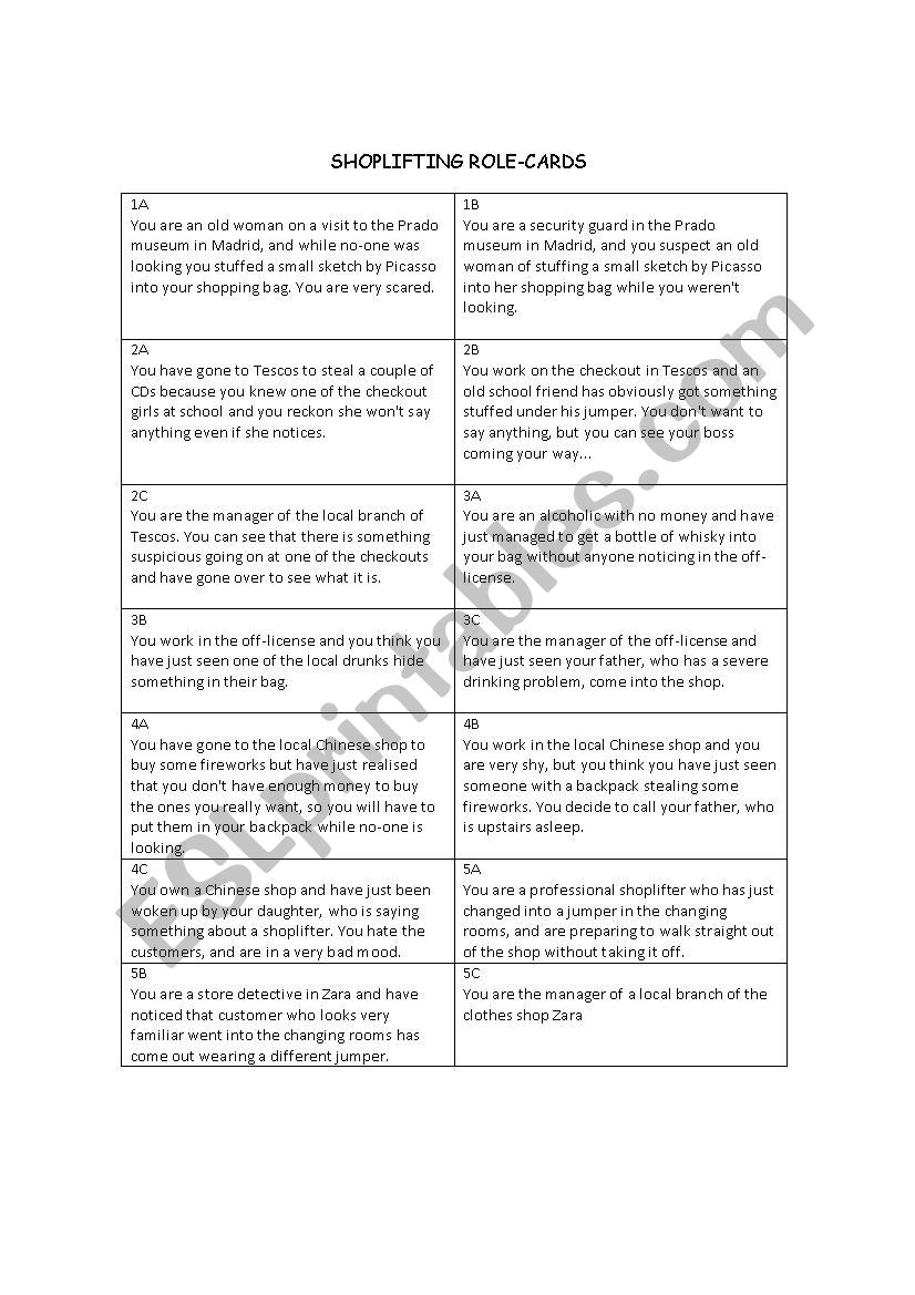 shoplifting role play worksheet