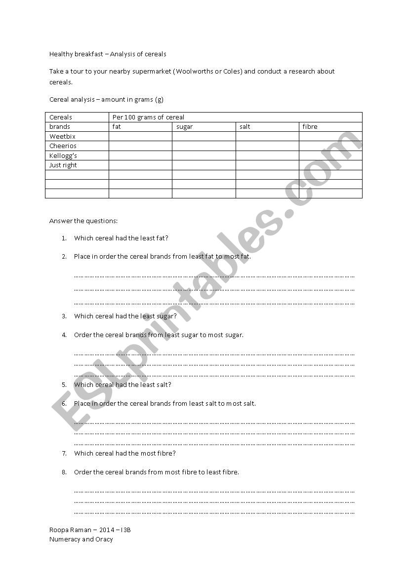 Healthy Cereals for breakfast worksheet