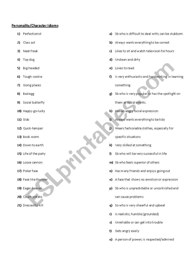 Personality Idioms and Types worksheet