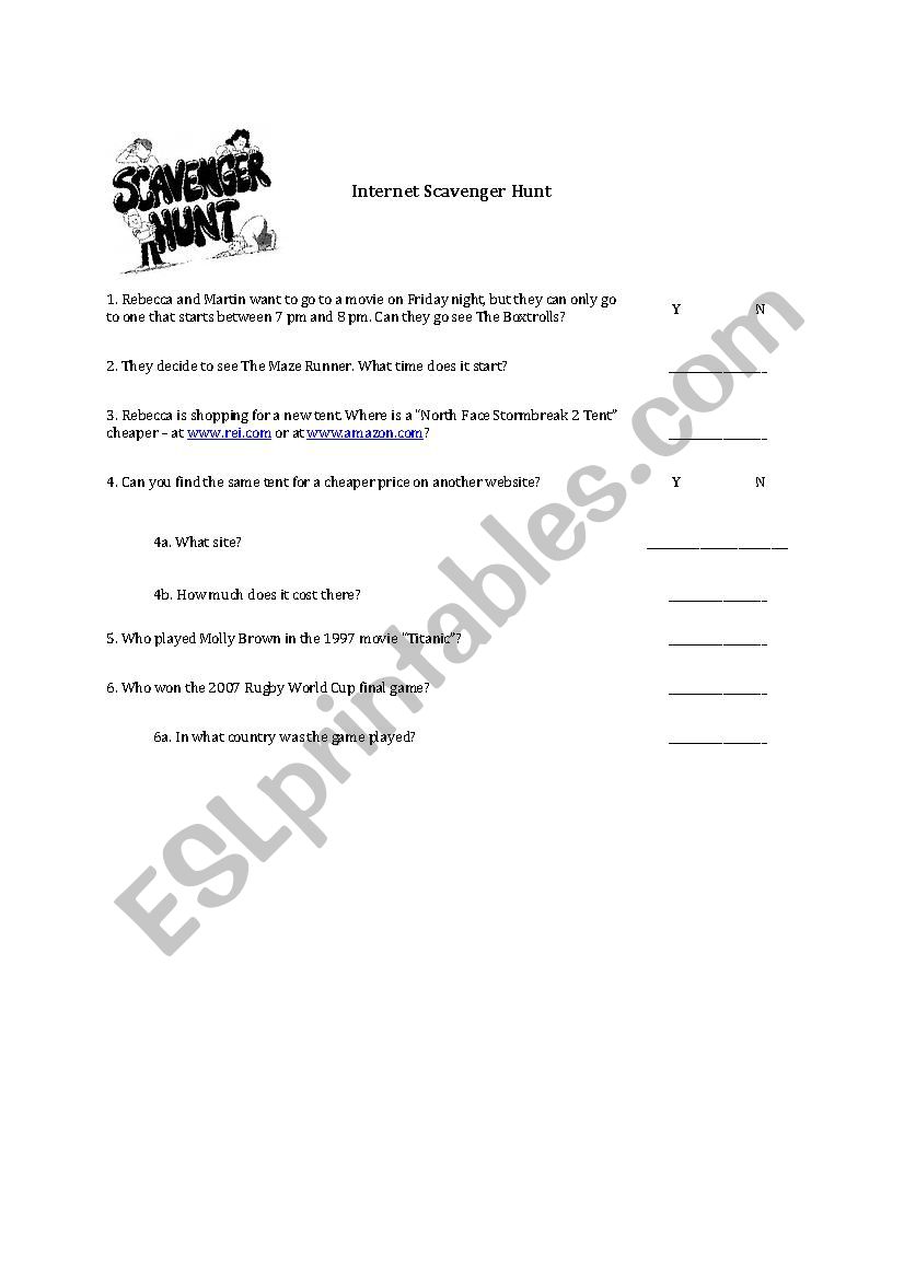 Internet Scavenger Hunt worksheet